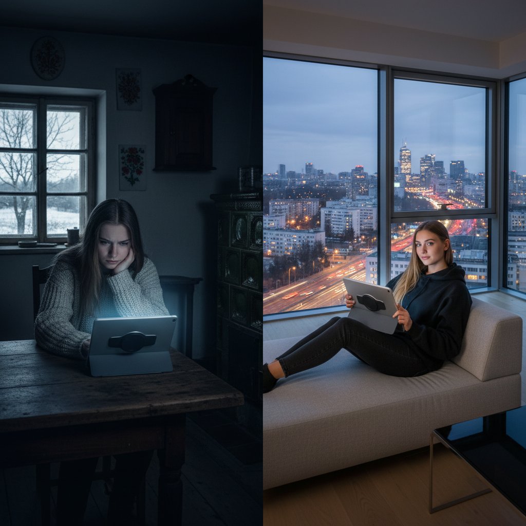 Porównanie warunków nauki adaptacyjnej online: uczeń z Warszawy i uczeń wiejski w kontrastujących wnętrzach