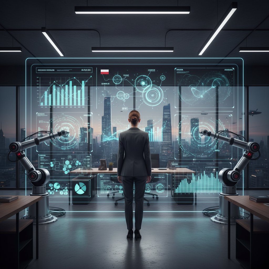 Zdjęcie polskiego managera sprzedaży analizującego dane AI na cyfrowym dashboardzie w biurze.