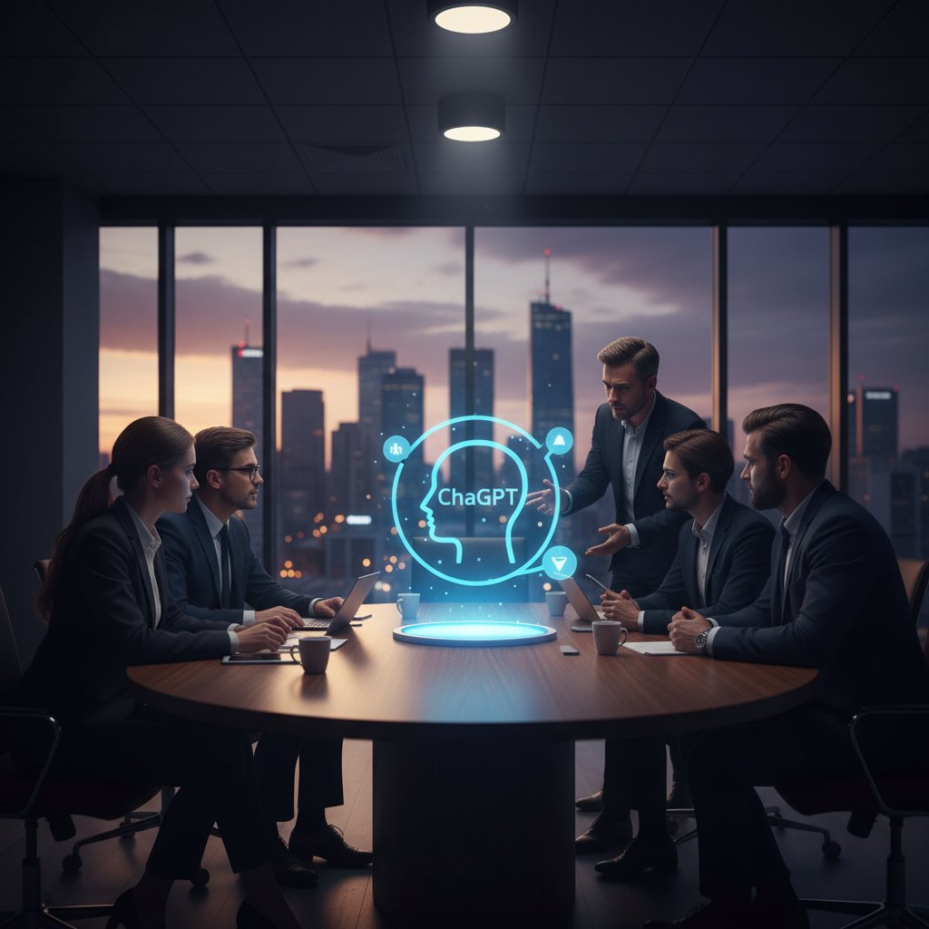 Polscy handlowcy analizują wyniki sprzedaży na tle ekranu z czatbotem AI, biurowy zmierzch, napięta atmosfera