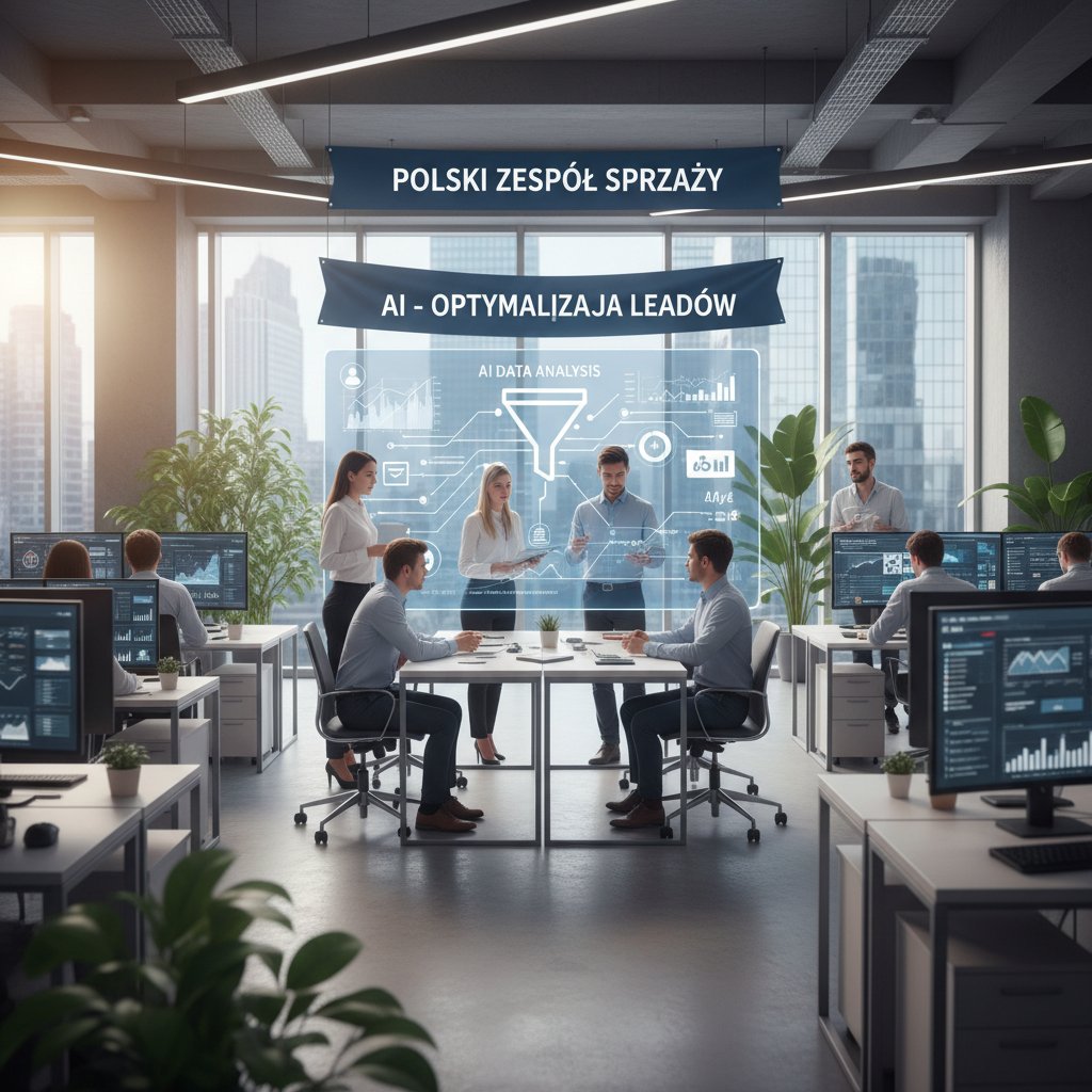 Nowoczesny zespół sprzedażowy analizujący dane AI w polskim biurze