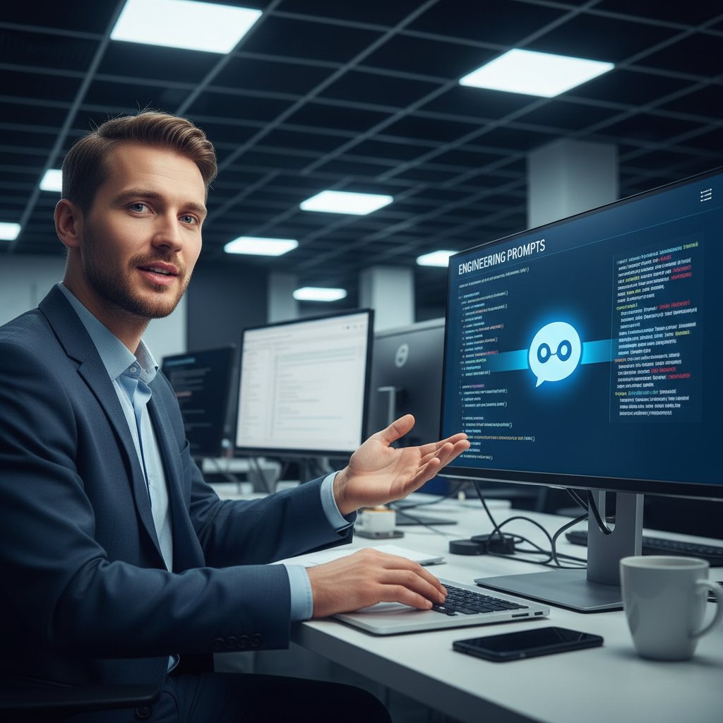 Polski handlowiec przy komputerze testuje różne prompt engineering na czatbocie AI, światło biurowe