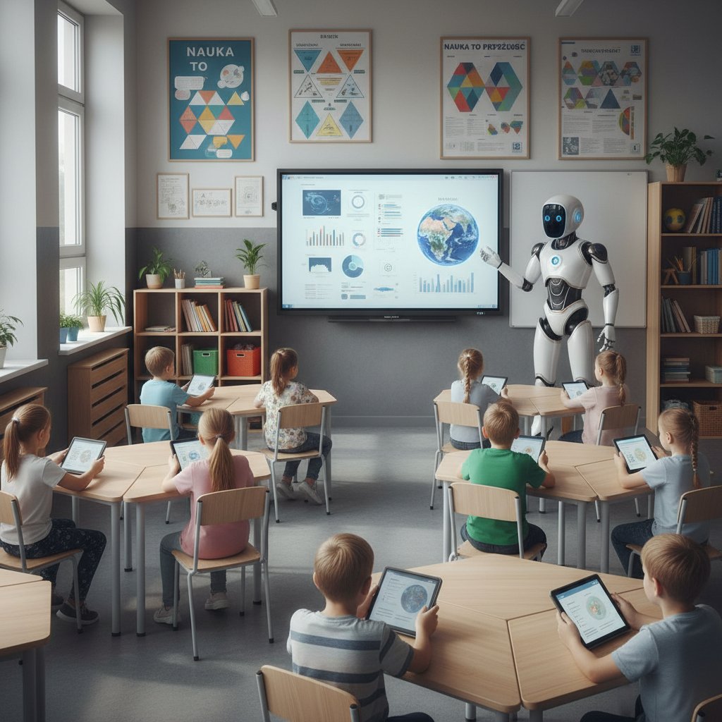 Dzieci w polskiej szkole uczące się na tabletach, nauczyciel tłumaczy działanie AI na przykładzie robota