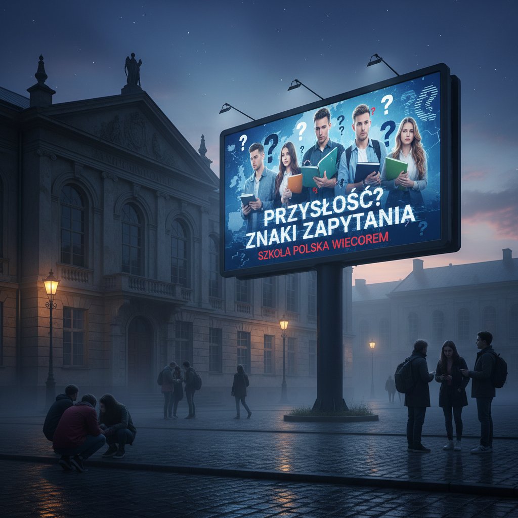 Polska szkoła z cyfrowym billboardem, uczniowie na zewnątrz, zmierzch – klimat niepewności online korepetycji