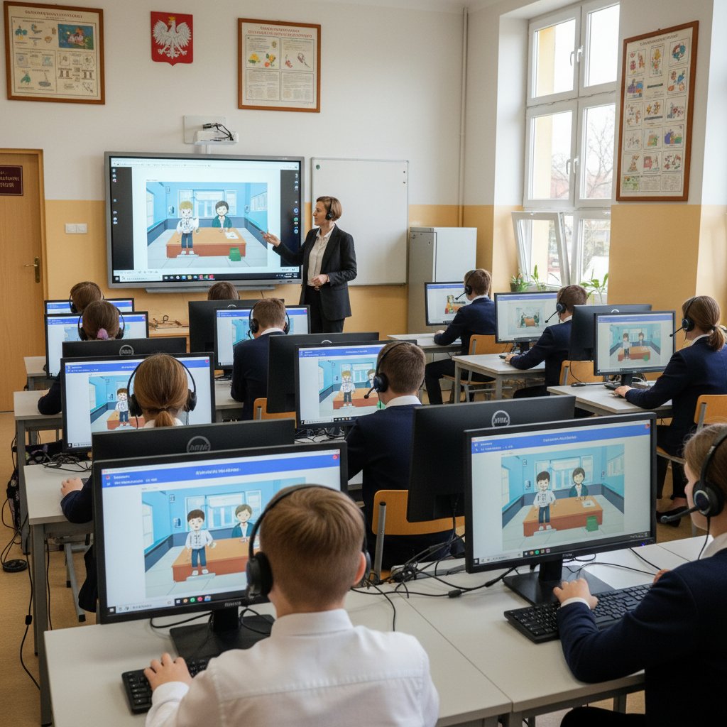 Polska szkoła podczas wdrożenia symulatora edukacji online, nauczyciel obserwuje uczniów korzystających z komputerów