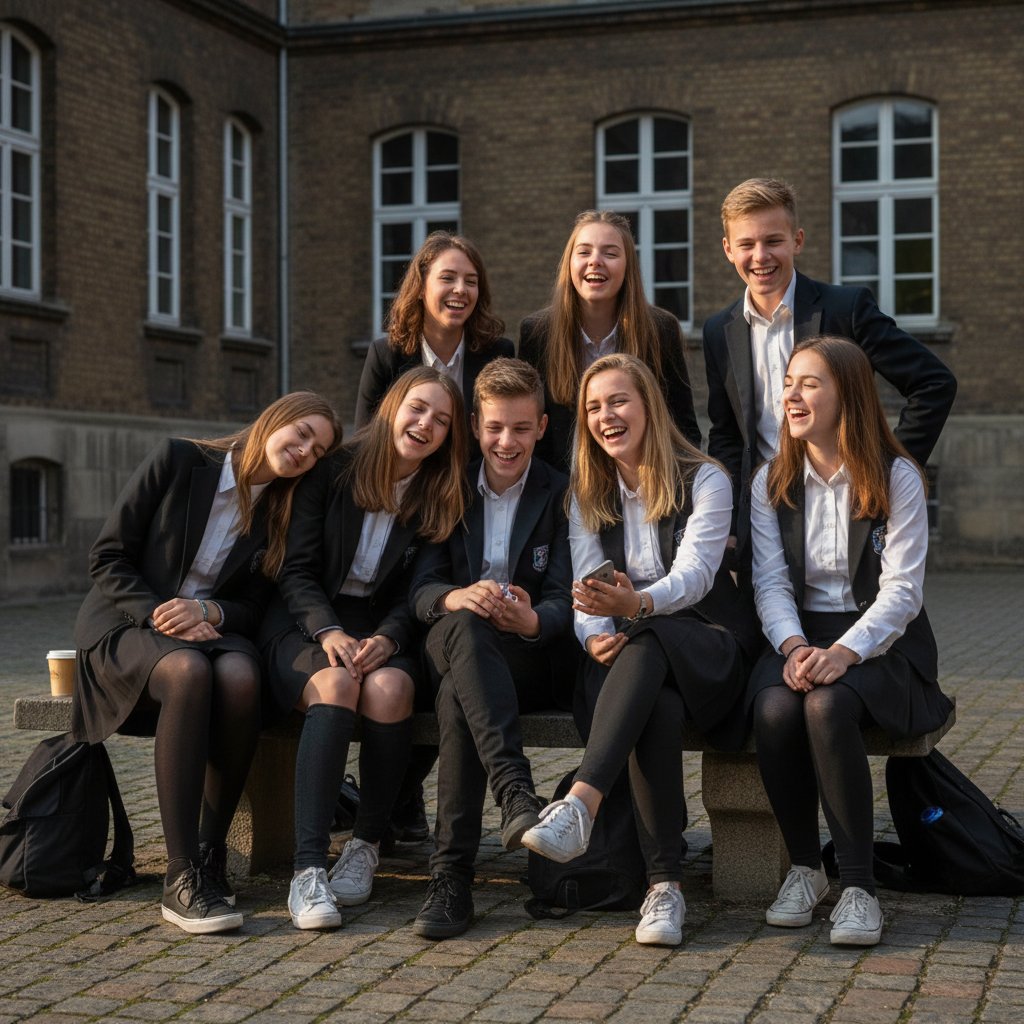 Szkoła z zewnątrz, dzieci wychodzące ze szkoły, kontrast między radością a zmęczeniem