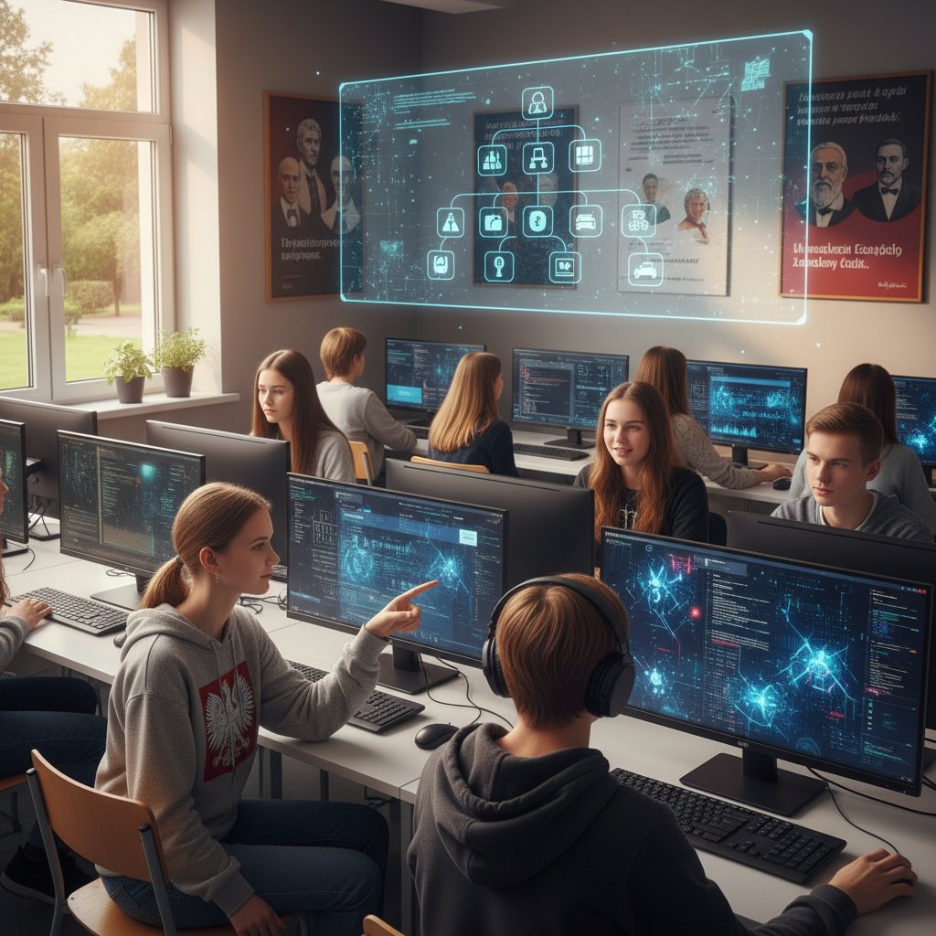 Nowoczesna polska szkoła, gdzie młodzi korzystają z komputerów i AI do wyboru kariery