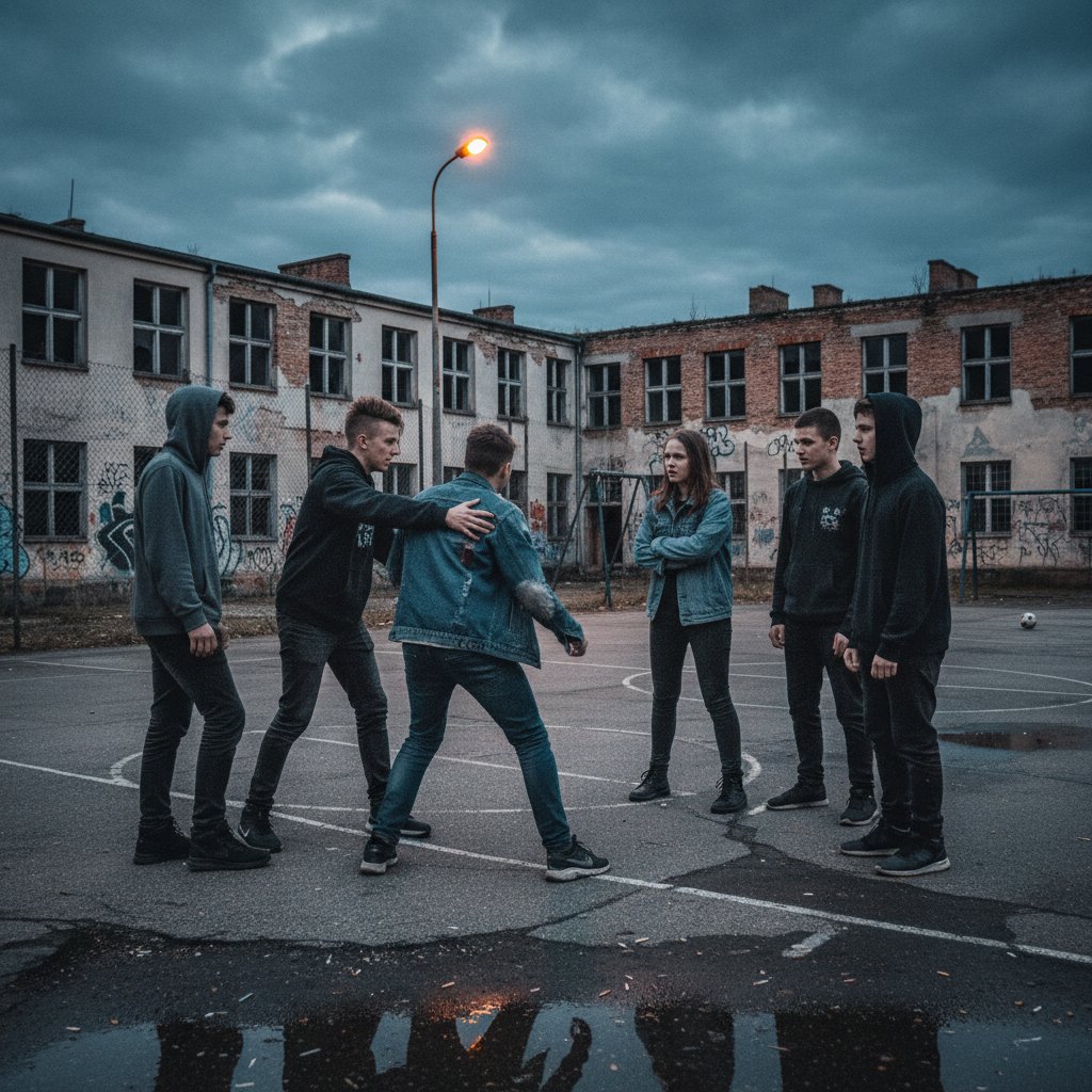 Dwóch młodych ludzi w napiętej sytuacji na polskim podwórku szkolnym, zmierzających do konfliktu