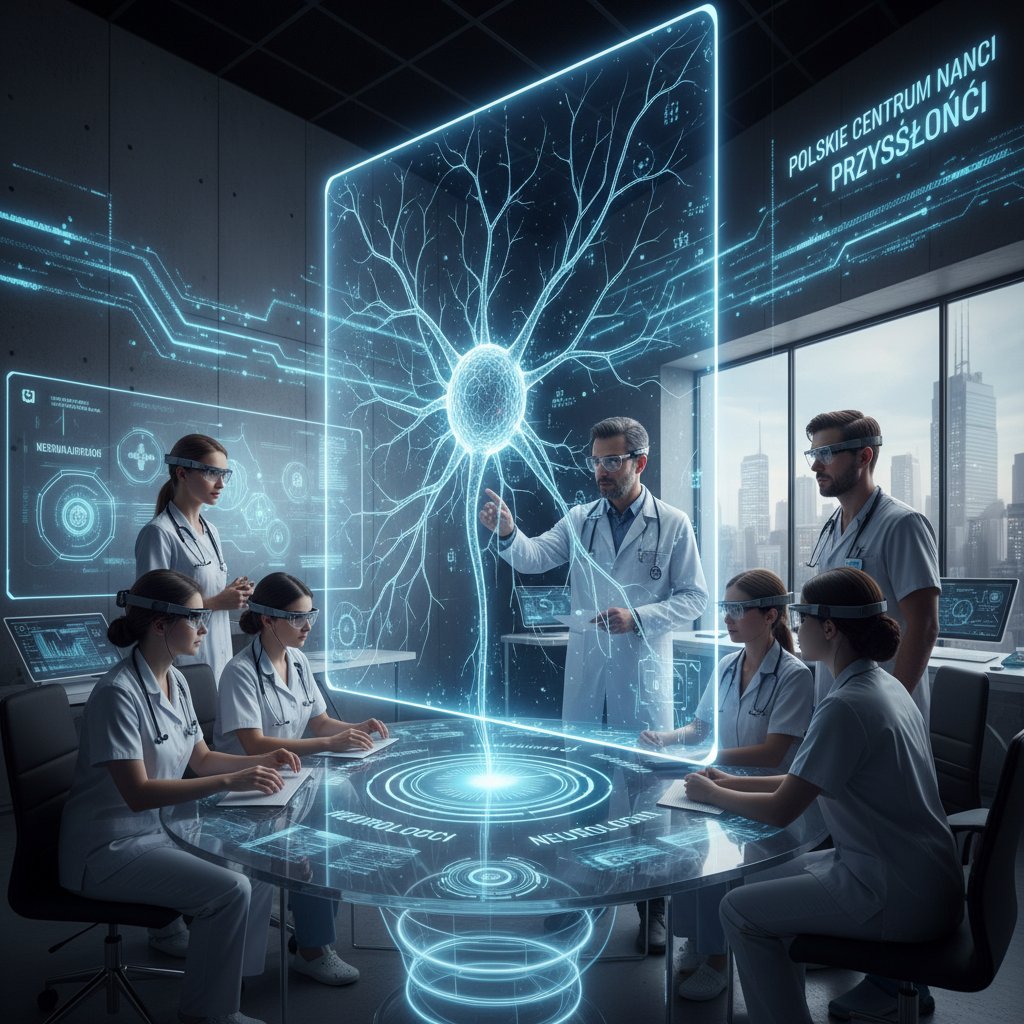 Zdjęcie polskiego centrum naukowego, z lekarzami i studentami, symbol przyszłości neurologii