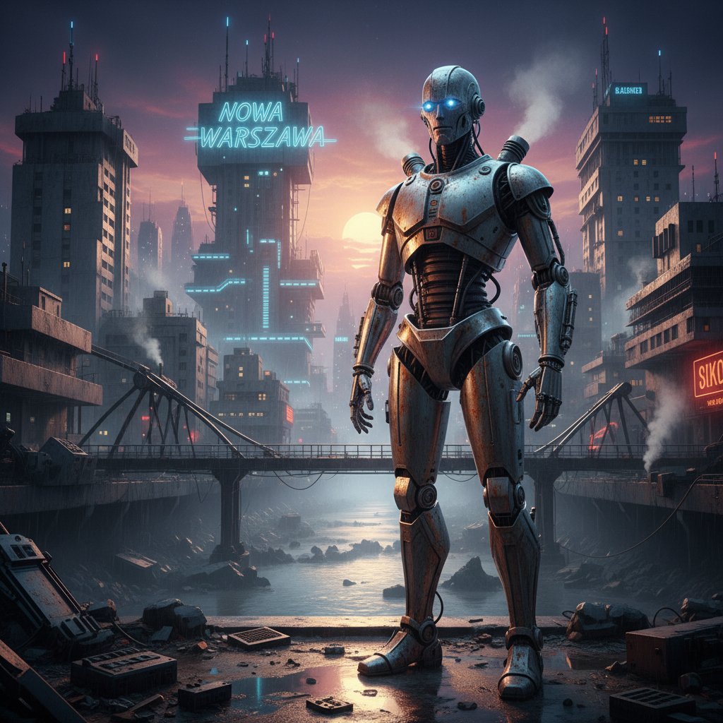 Kadr z polskiego filmu science-fiction z motywem robota w miejskiej scenerii