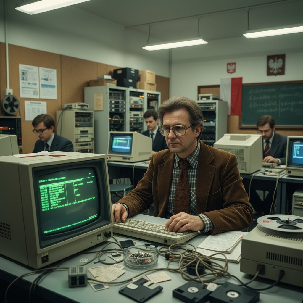 Portret polskiego naukowca pracującego wieczorem w laboratorium z lat 80., sprzęt komputerowy w tle