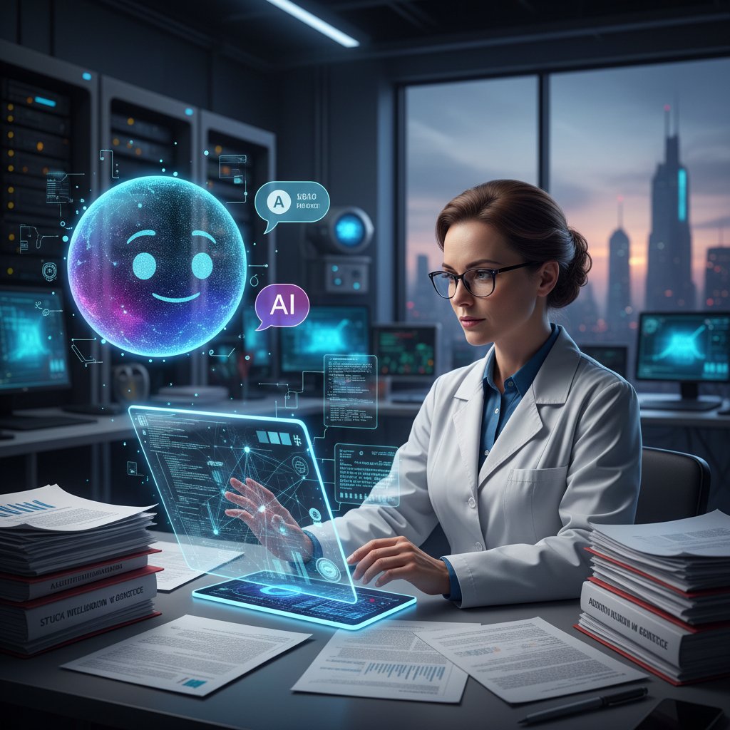 Polski naukowiec pracujący z rozświetlonym interfejsem czatbota AI oraz papierami naukowymi