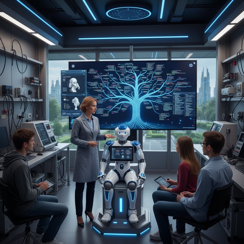 Polski naukowiec analizuje algorytm ewolucji na ekranie komputera w nowoczesnym laboratorium, robot edukacyjny