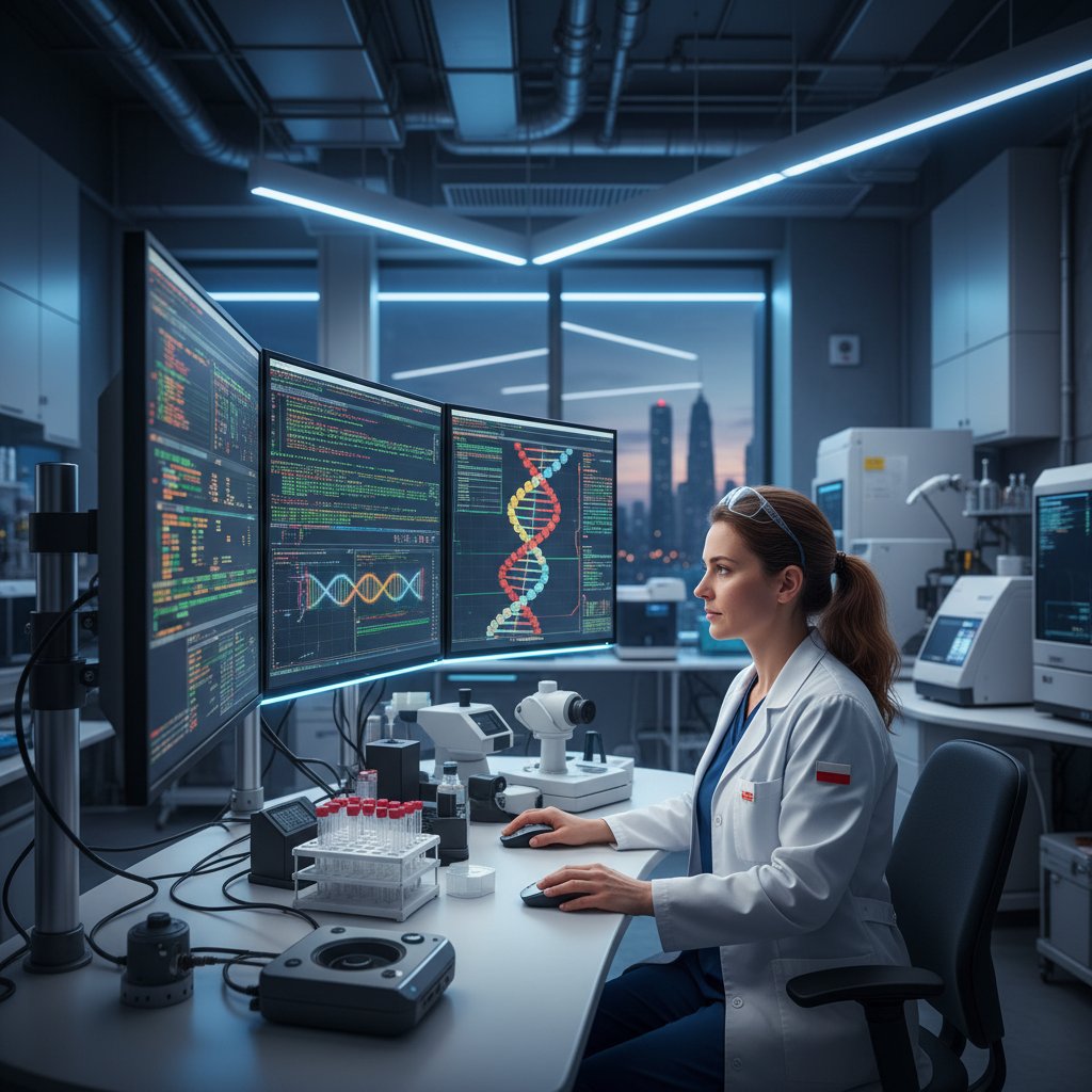 Polski naukowiec analizujący dane NGS przy kilku monitorach w laboratorium