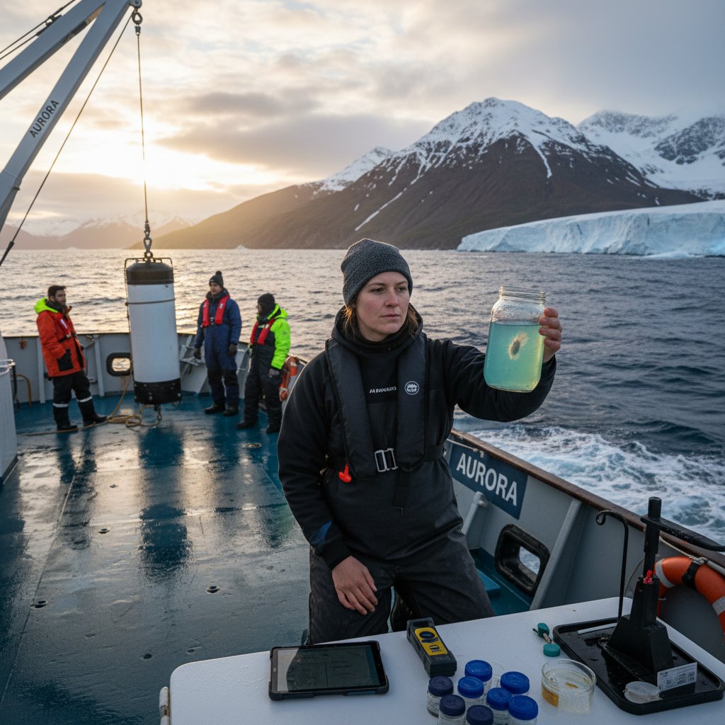 Polski badacz analizujący próbki wody morskiej podczas ekspedycji