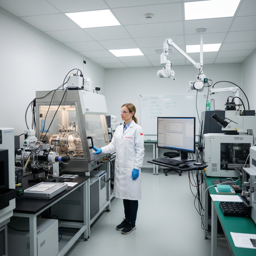 Polski naukowiec analizujący próbkę w laboratorium półprzewodników, wokół sprzęt badawczy i komputer