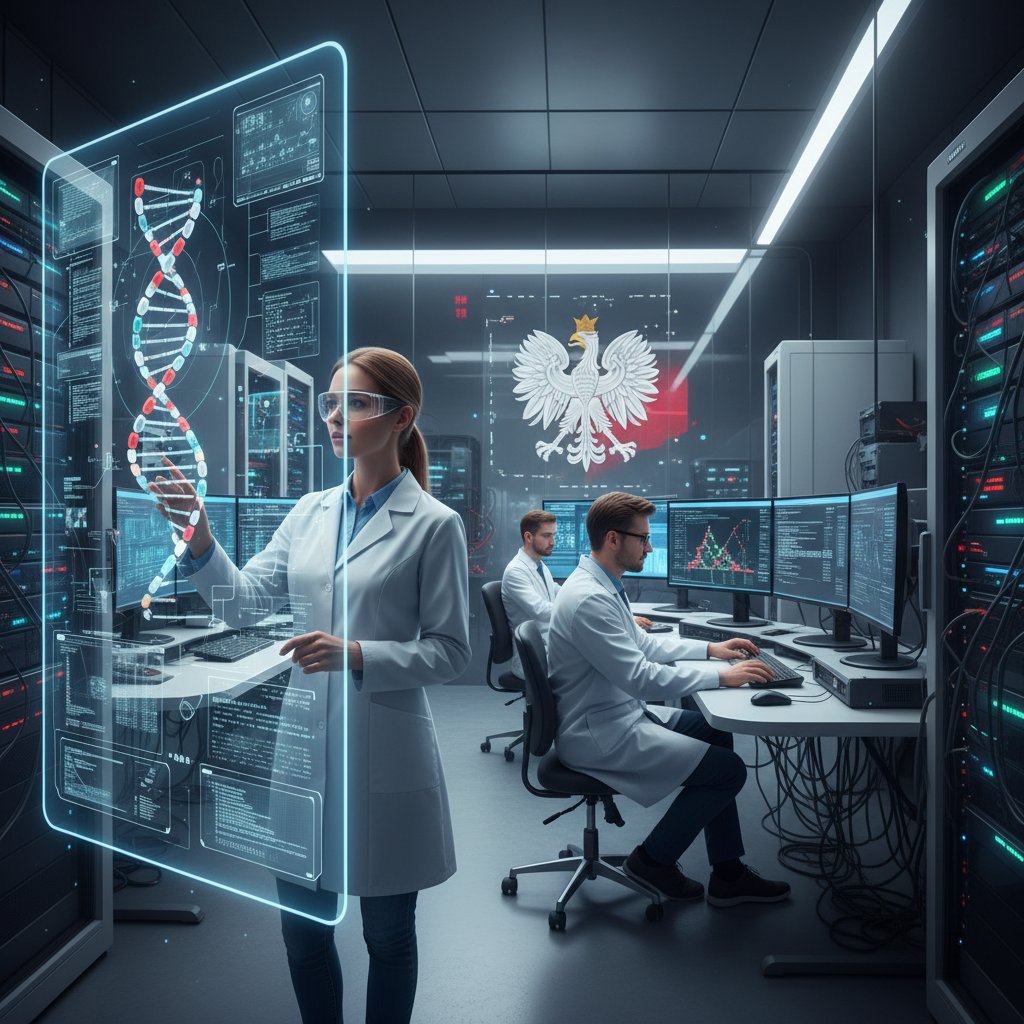 Zespół polskich naukowców analizujących dane genomowe przy komputerach z wizualizacją DNA