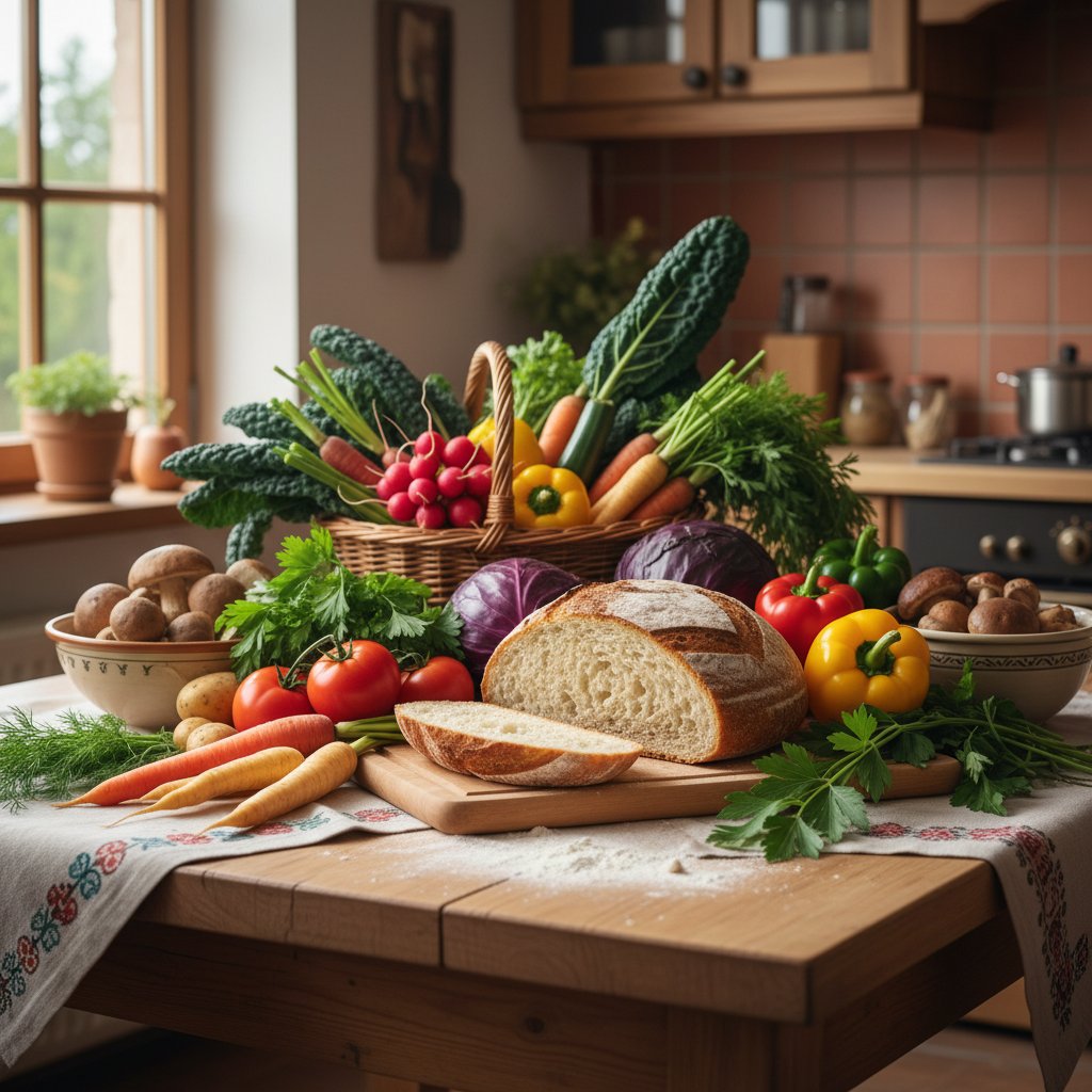 Sezonowe warzywa na kuchennym stole, naturalne światło, kuchnia domowa jak restauracja