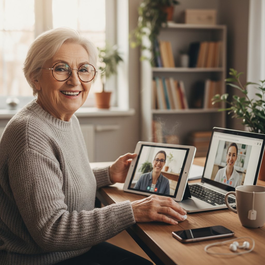 Starsza osoba korzystająca z korepetycji online w Polsce – nowoczesna edukacja bez barier.