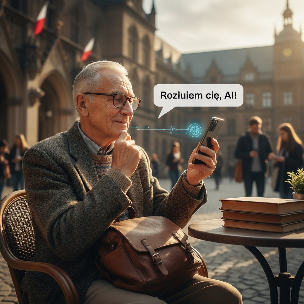 Starsza osoba i studentka rozmawiający z AI na smartfonie – pokolenia użytkowników wirtualnych kumpli