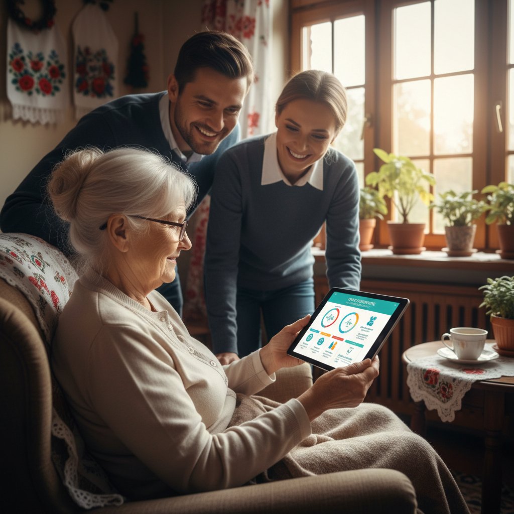Polski senior korzystający z tabletu do monitorowania zdrowia, w tle rodzina obserwuje, domowa atmosfera
