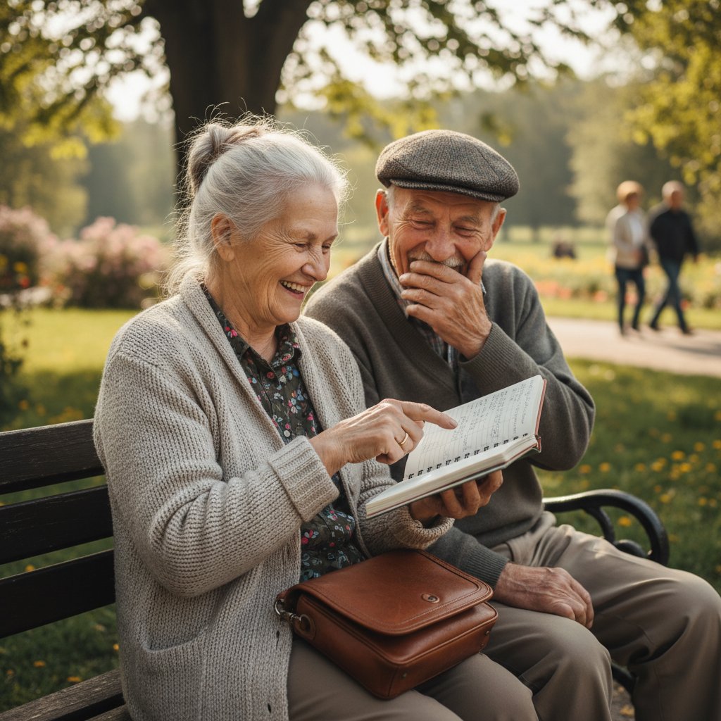 Senior pokazuje dzienniczek ciśnienia znajomej na ławce w parku