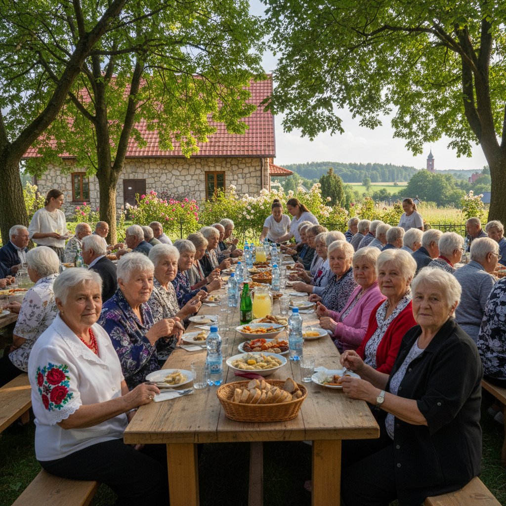 Seniorzy w Polsce jedzący razem posiłek na świeżym powietrzu
