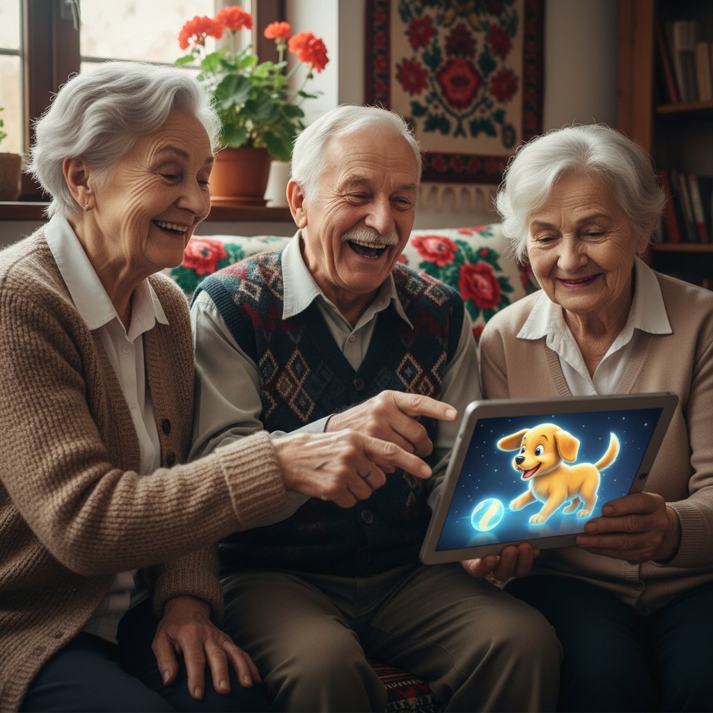 Seniorzy w Polsce bawiący się z wirtualnym psem na tablecie, emocje