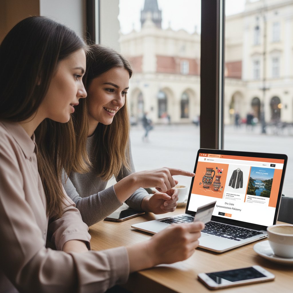 Polacy robiący zakupy online na laptopach, otoczeni spersonalizowanymi reklamami i powiadomieniami