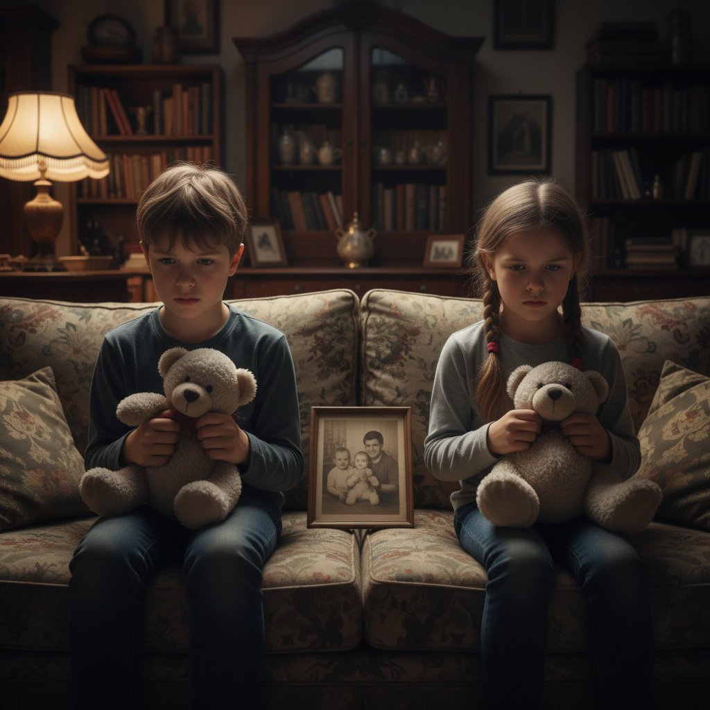 Dwoje nastolatków – rodzeństwo – siedzi plecami do siebie na podzielonej kanapie w ponurym salonie, oboje wyglądają na spiętych i zamyślonych, w tle rozdzielona zabawka i stare zdjęcie rodzinne; wyrazisty klimat, słowa kluczowe: rywalizacja między rodzeństwem, konflikt rodzinny