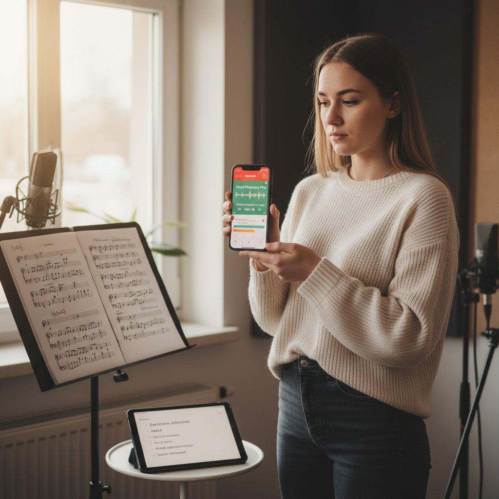 Polski student śpiewu online nagrywający się smartfonem, notatki, aplikacja z analizą postępów wokalnych