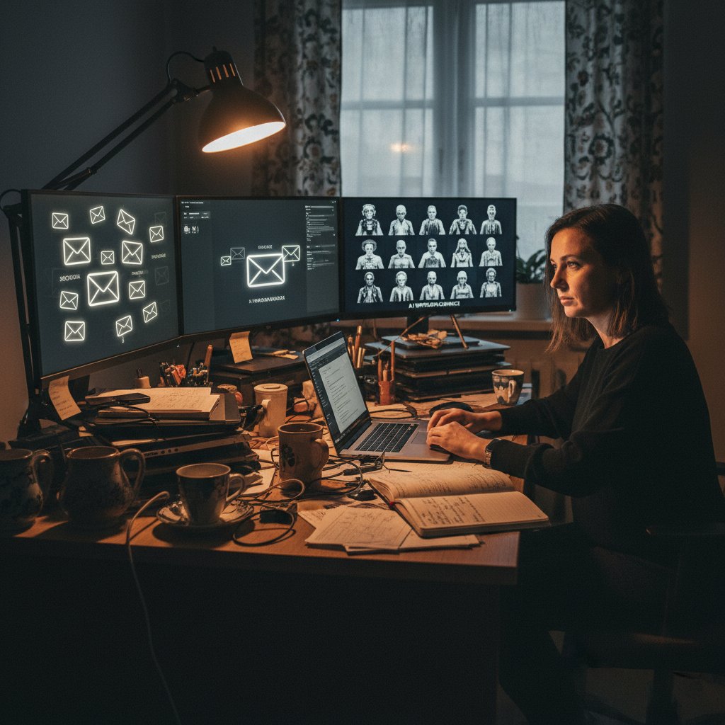 Zdjęcie właściciela małej firmy w Polsce przy biurku otoczonym ikonami maili i awatarami AI, w klimatycznym, lekko chaotycznym świetle