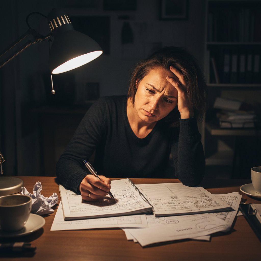 Zestresowany właściciel analizujący chaotyczne dane sprzedażowe w nocy