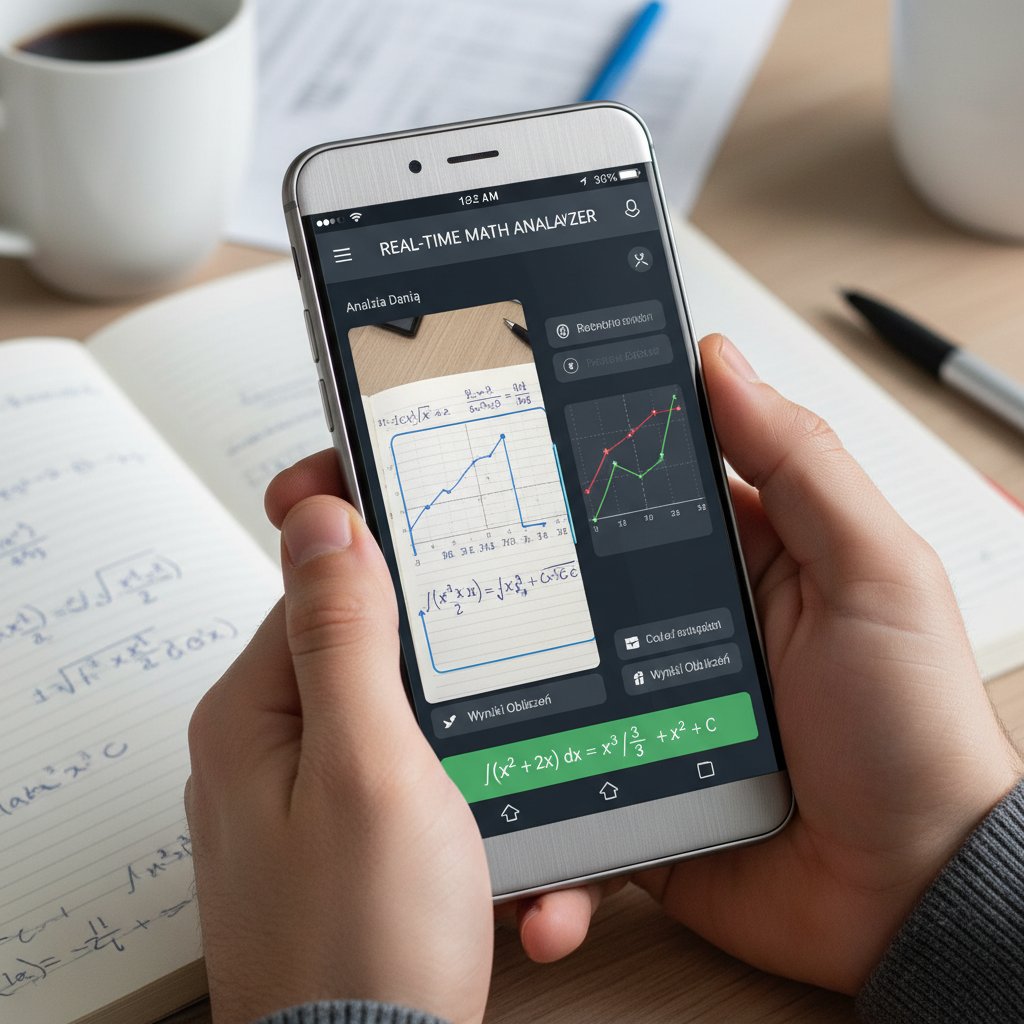 Zbliżenie na ekran smartfona z aplikacją AI analizującą zadanie matematyczne w czasie rzeczywistym