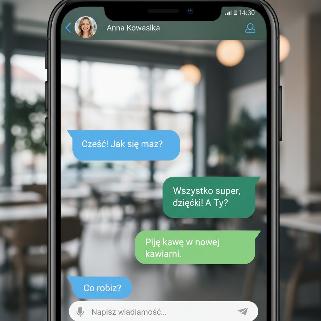 Ekran polskiej aplikacji z dymkami czatu, poprawa humoru rozmową online