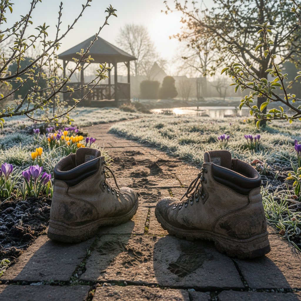 Przebudzenie ogrodu po zimie z widocznymi resztkami liści i śladami przymrozków, wiosenny ogród w Polsce