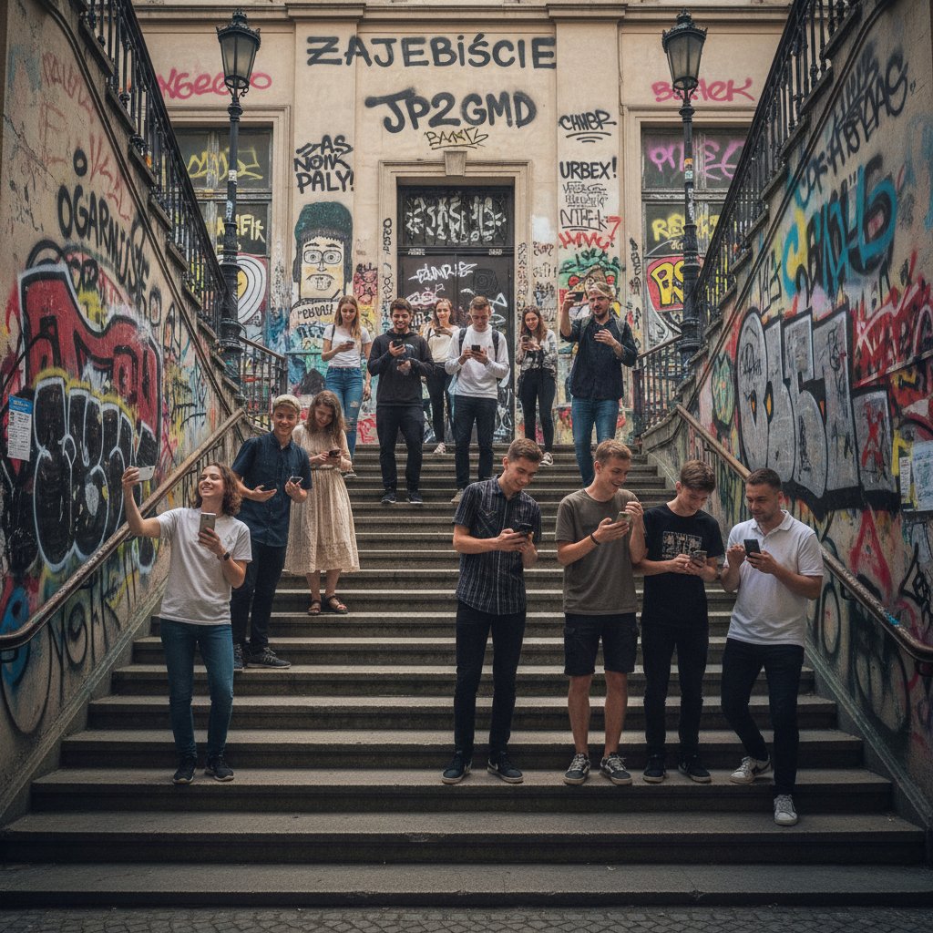 Polska klatka schodowa, grupa młodych i dorosłych rozmawia, w tle graffiti i smartfony, atmosfera tajemnicy