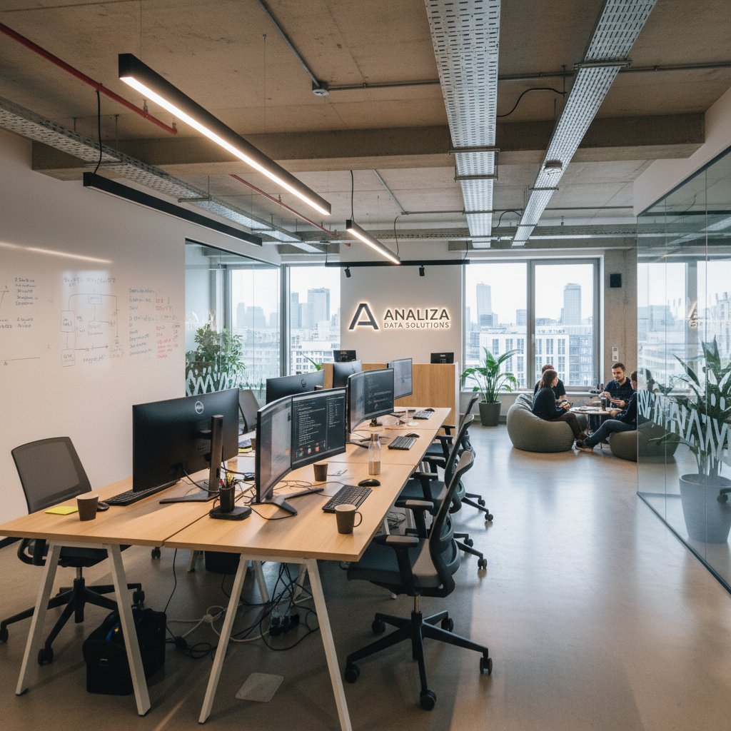 Pracownicy polskiego startupu analizują dane na laptopach, nowoczesne biuro, cyfrowa rewolucja