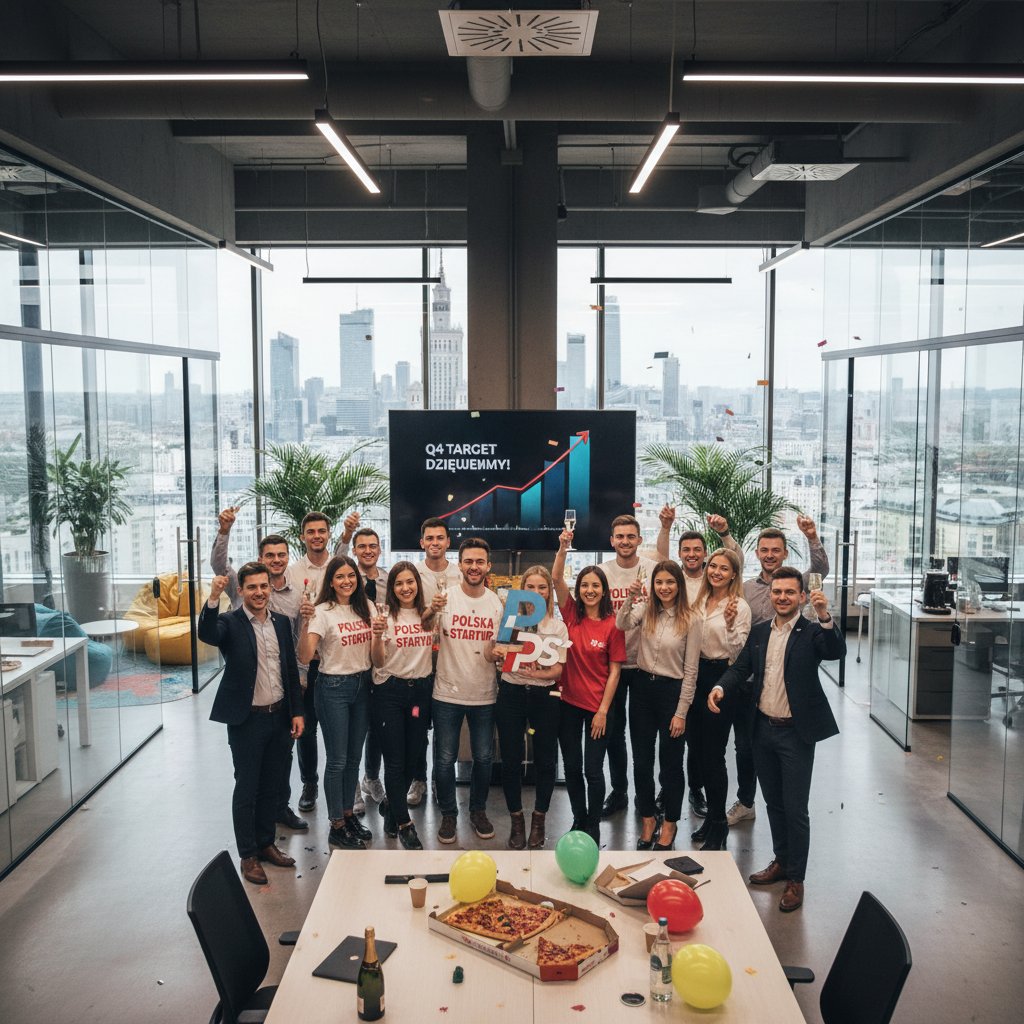 Polski zespół start-upowy świętujący sukces projektu, nowoczesne biuro, radość, wspólna praca