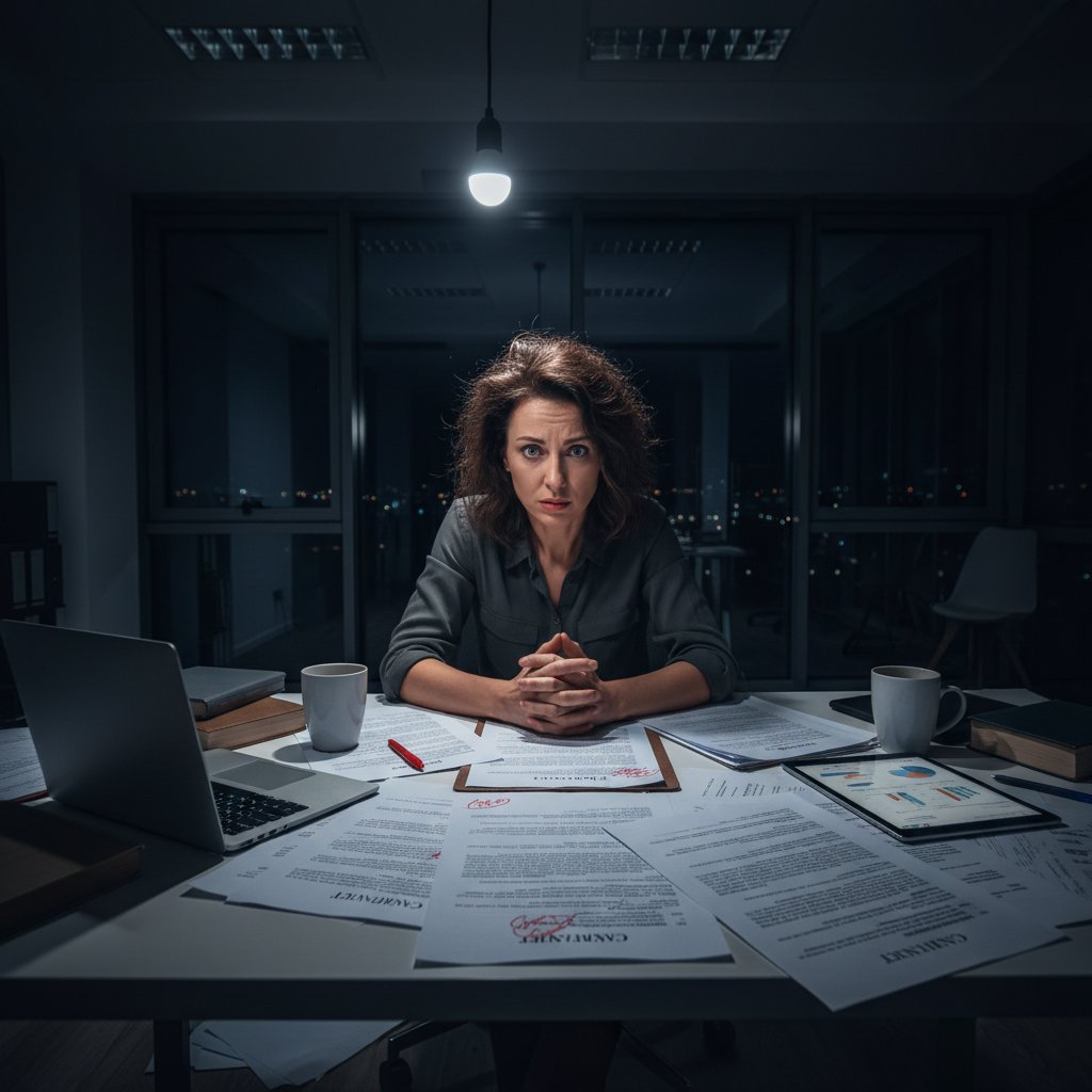 Przedsiębiorca w Polsce analizujący skomplikowaną umowę prawną nocą w biurze