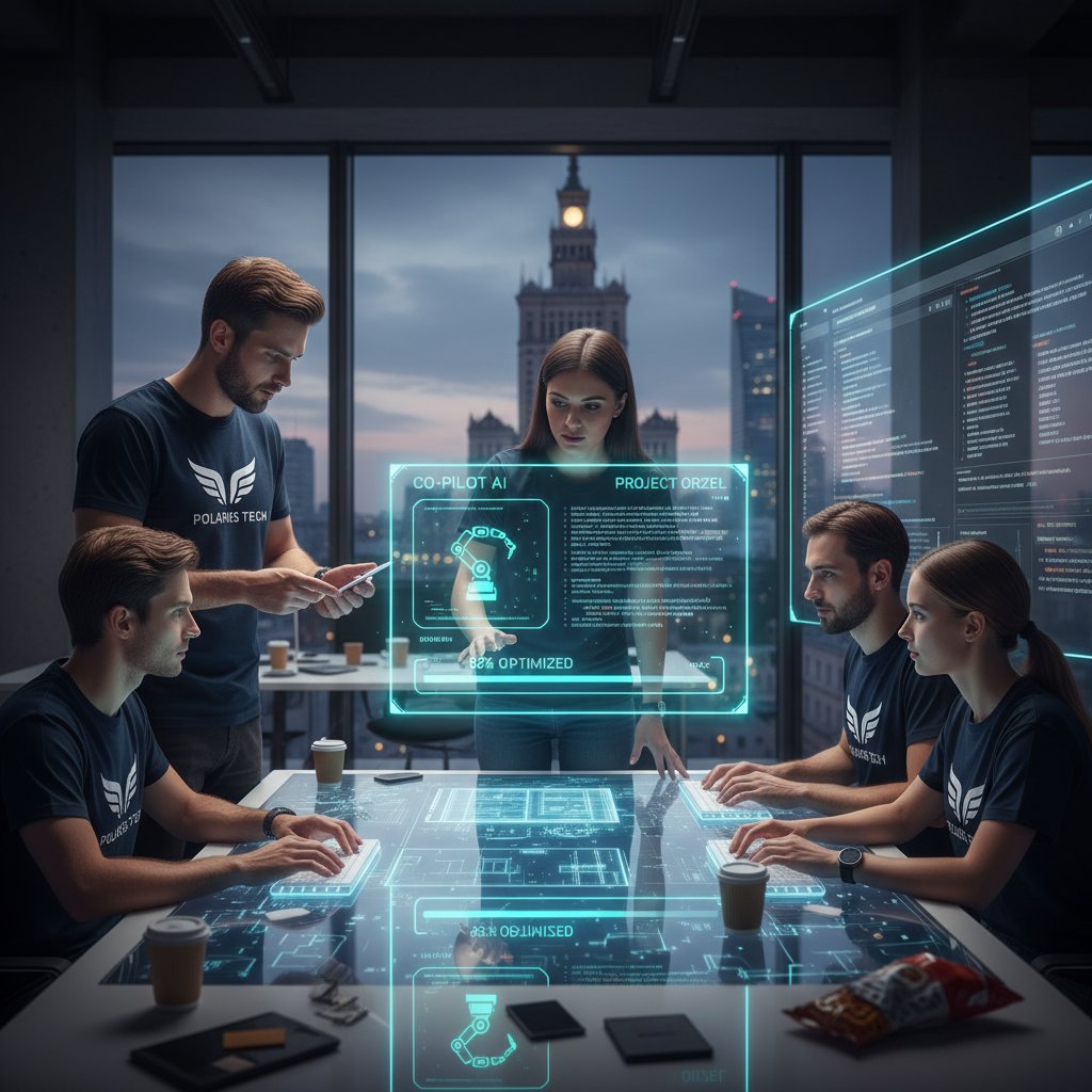Polski zespół startupowy współpracujący przy ekranie z sugestiami Copilota