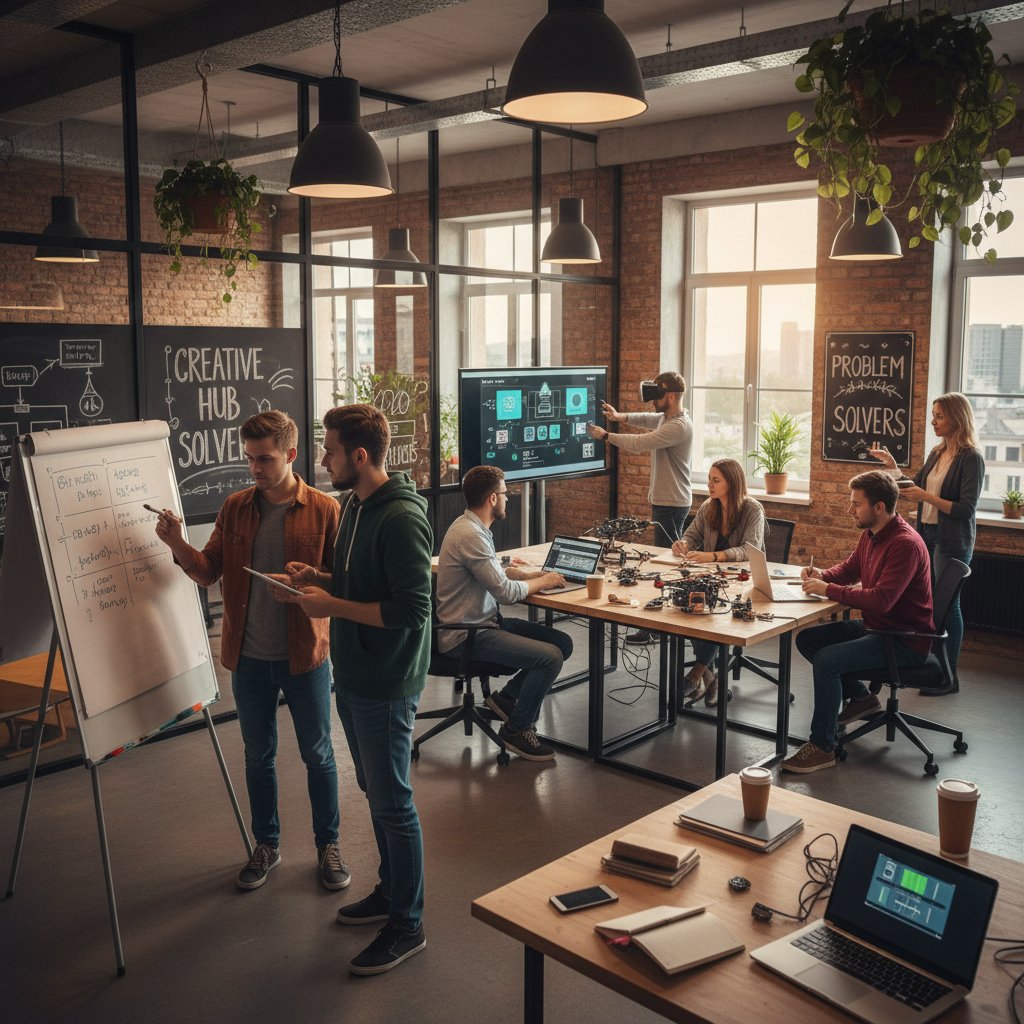 Polskie zespoły startupowe podczas wdrażania kreatywnych rozwiązań, kolaż zdjęć z biur, spotkań i testów