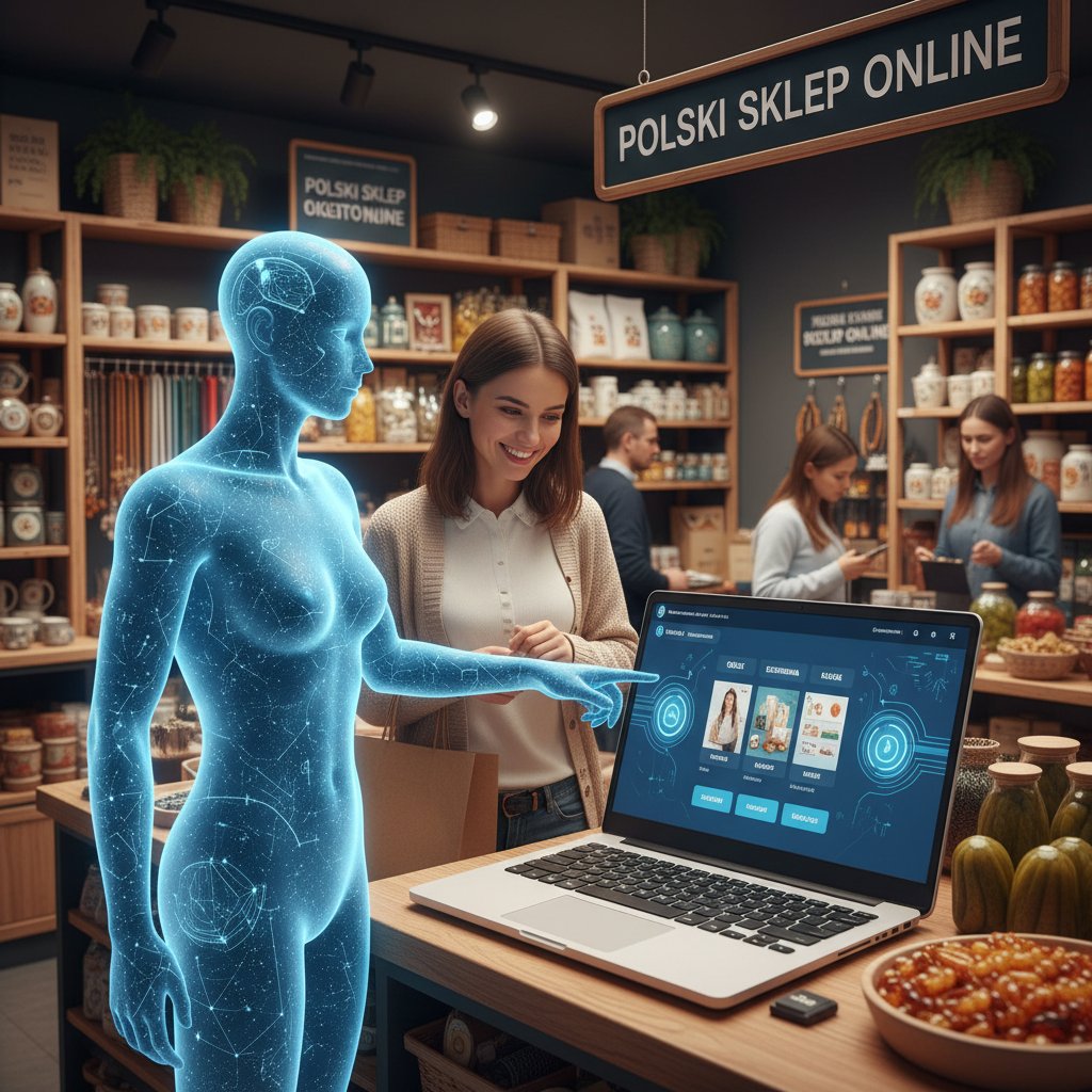 Scena w polskim sklepie internetowym, gdzie wirtualny doradca AI pomaga klientowi na laptopie