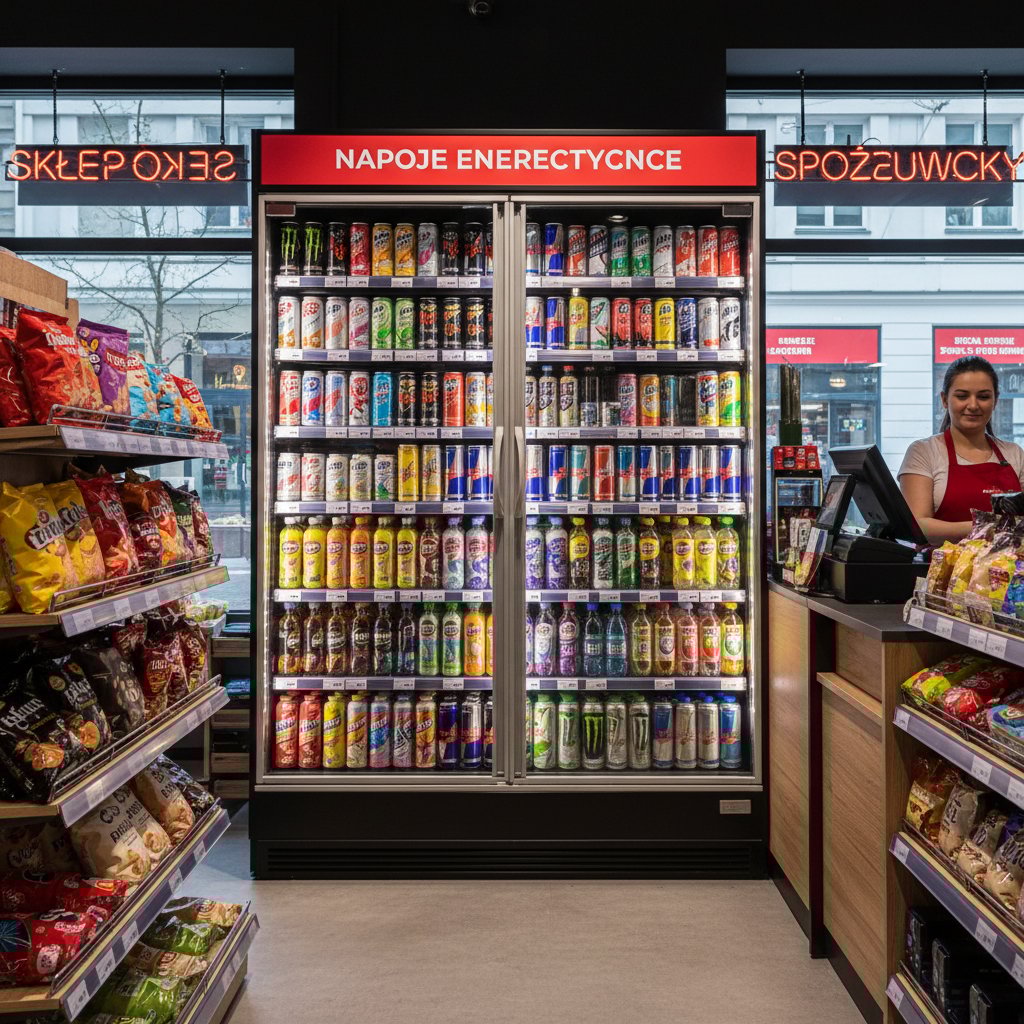 Lodówka z napojami energetycznymi w polskim sklepie