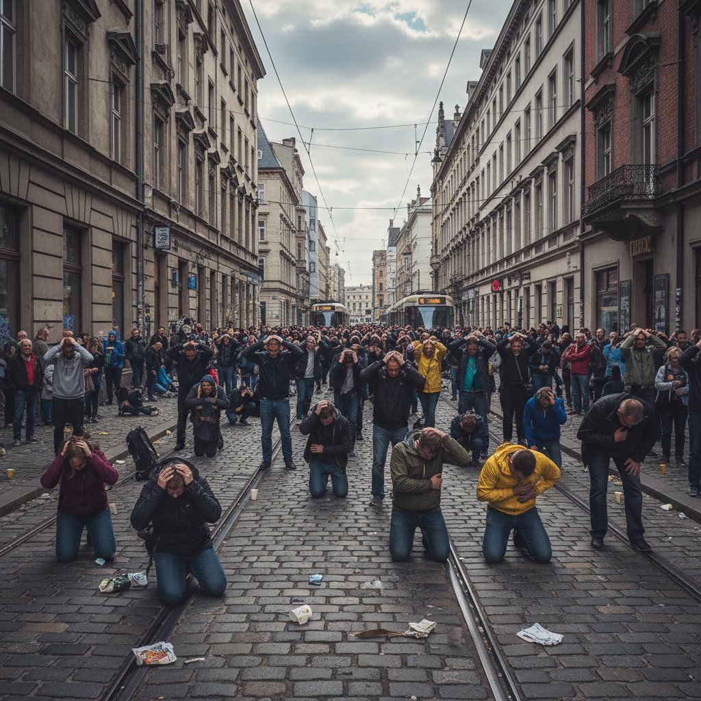 Widok ulicy w polskim mieście, tłum ludzi, część trzyma się za głowę lub brzuch, symbolizując ukryte objawy somatyczne