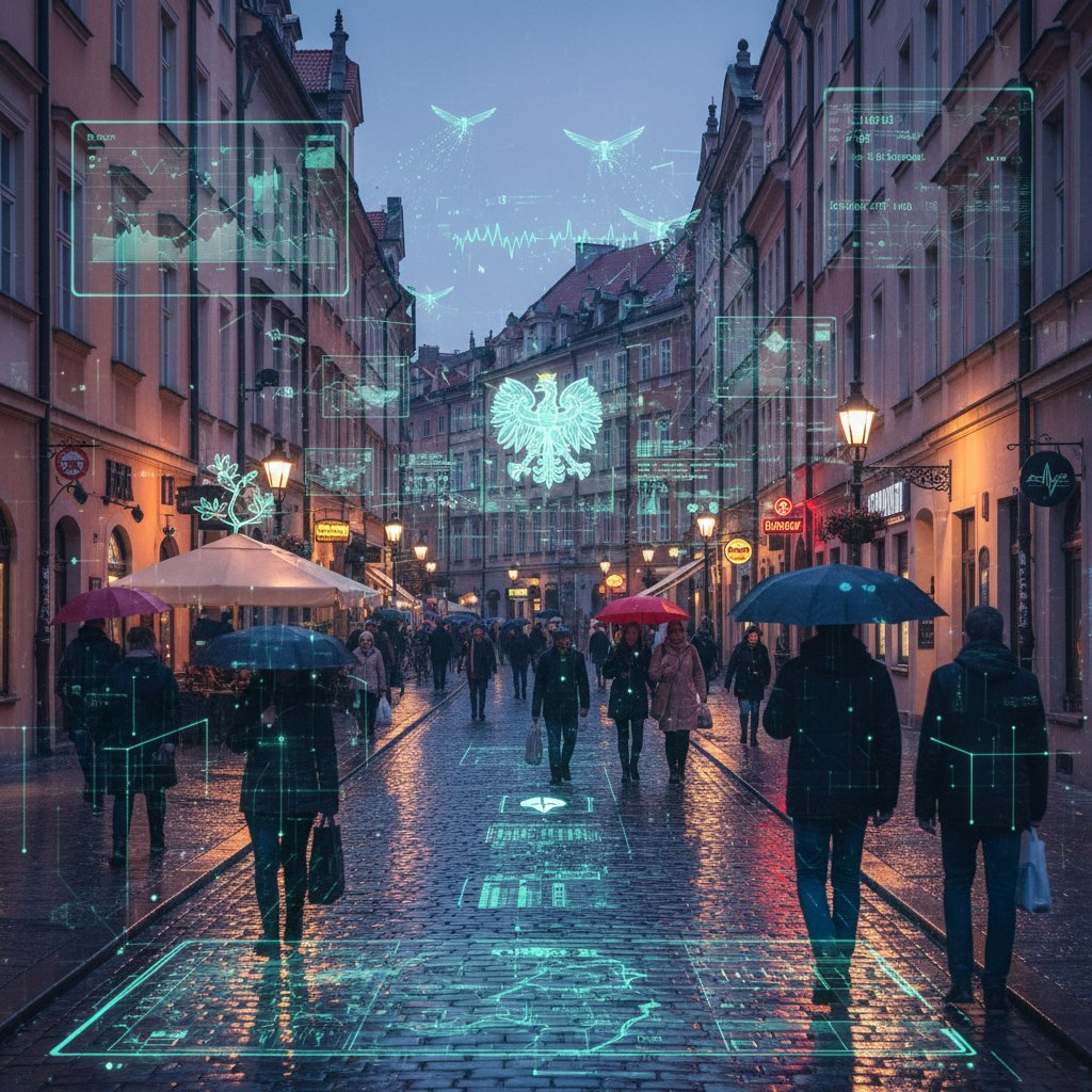 Polska ulica z elementami cyfrowymi, symbol przenikania unlimited AI do codzienności, czat gpt w tle