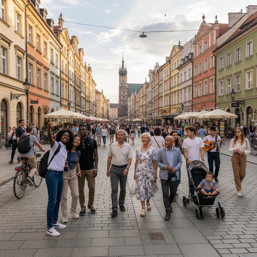 Ulica w polskim mieście z różnorodnymi mieszkańcami