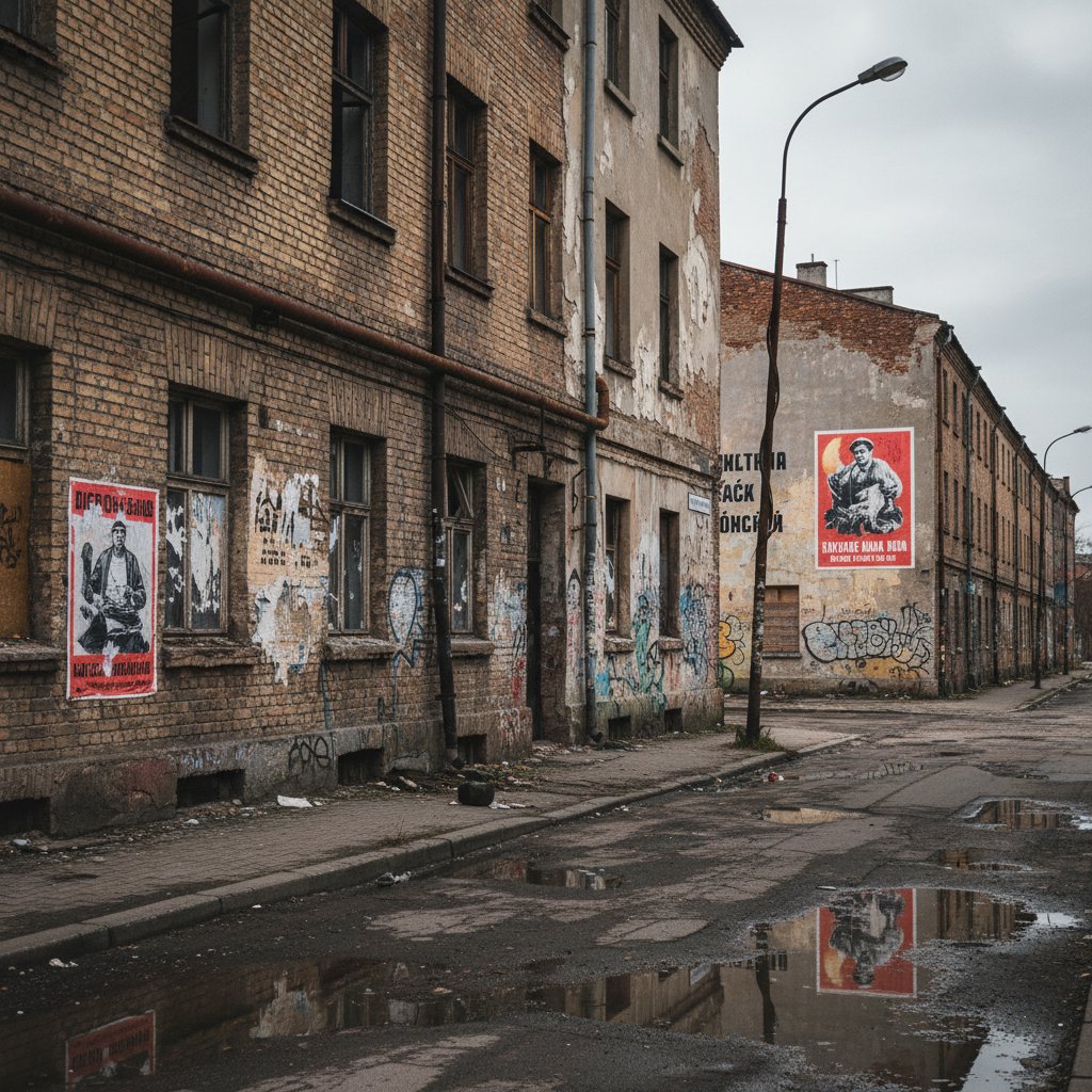 Ulica z pozostałościami propagandy w Polsce, symbolizująca ciężar kulturowy i niskie poczucie własnej wartości