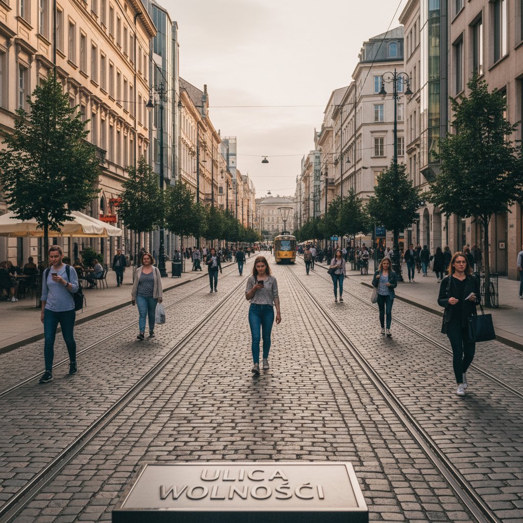 Scena uliczna z Polski, przechodnie zachowują dystans fizyczny