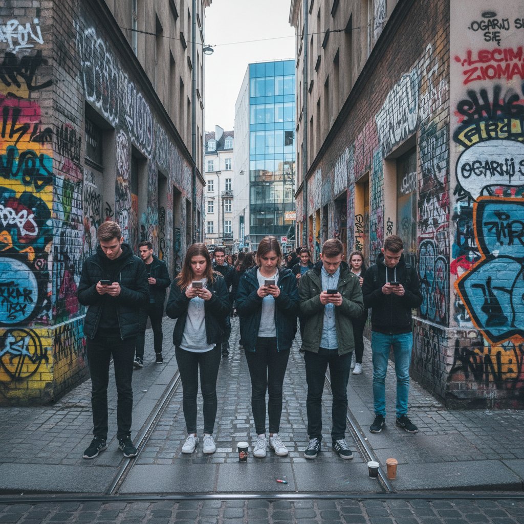 Młodzi ludzie z telefonami na polskiej ulicy, gestykulujący i śmiejący się, widoczne kolorowe napisy slangowe