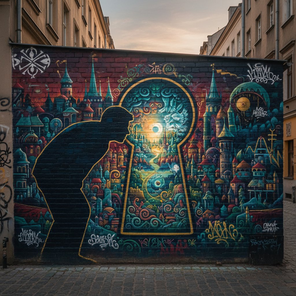 Mural miejski – symbol przełamywania tabu wglądu, osoba zaglądająca przez dziurkę od klucza